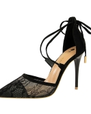 Wind sexy high -heeled high -heeled high -heeled high -heeled sharp -headed tip -like mesh lace cross with hollow sandals