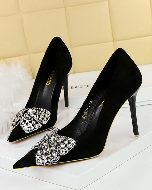 Banquet high -heeled shoe fine heel super high -heeled light mouth pointed pointed rhinestone bowls single shoes female