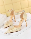 Wind banquet High -heeled high -heeled hollow words with pointed rhinestone pearl pearl flower sandals sandals high heels