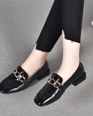 Women's shoes early spring casual square head low -heeled toe -toe layer cowhide patent leather British style single shoes