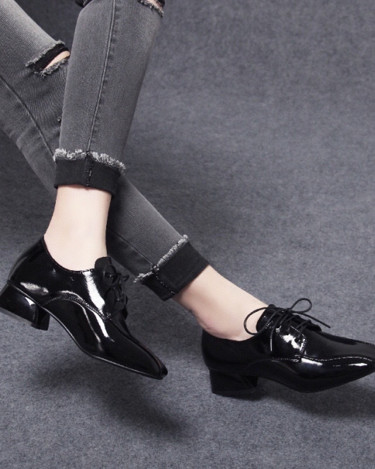 Fangtou small leather shoes female autumn black fashion department with shoes, cow patent leather thick heel deep mouth single shoes