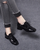 Fangtou small leather shoes female autumn black fashion department with shoes, cow patent leather thick heel deep mouth single shoes