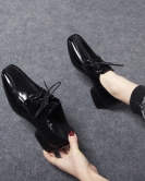 Fangtou small leather shoes female autumn black fashion department with shoes, cow patent leather thick heel deep mouth single shoes