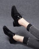 Fangtou small leather shoes female autumn black fashion department with shoes, cow patent leather thick heel deep mouth single shoes