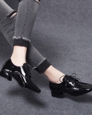 Fangtou small leather shoes female autumn black fashion department with shoes, cow patent leather thick heel deep mouth single shoes