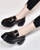 Thick bottom small leather shoes spring and summer round head metal buckle avocado cake bottom set foot shoes women's single shoes