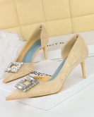 Fashionable banquet Women's shoes fine heel high heels shallow mouth pointed metal rhinestone buckle single shoes