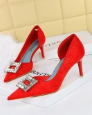 Fashionable banquet Women's shoes fine heel high heels shallow mouth pointed metal rhinestone buckle single shoes