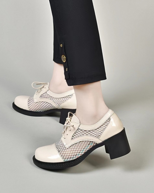 Round -headed small leather shoes female spring and summer net yarn single shoe ises of thick heels, the school style heel single shoes