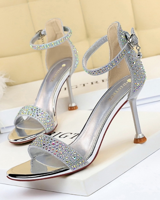 Wind sexy banquet Summer high -heeled shoes Women's shoes fine heel high heels off -toed rhinestone with sandals with sandals