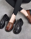 Thick bottom round head small leather shoes female spring first layer of cowhide loose cake and one pedal single shoe college style casual shoes