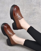 Thick bottom round head small leather shoes female spring first layer of cowhide loose cake and one pedal single shoe college style casual shoes