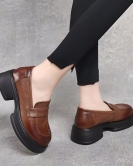 Thick bottom round head small leather shoes female spring first layer of cowhide loose cake and one pedal single shoe college style casual shoes