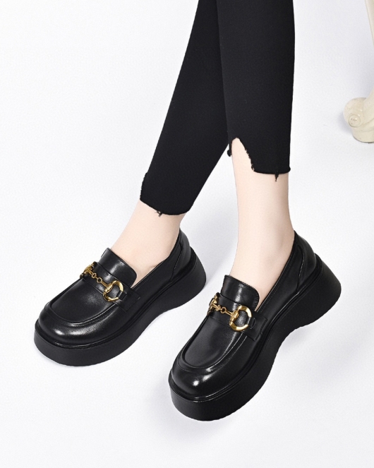 Thick -soled shoes Female spring season Yinglun wind puffing cake and round -headed single shoes black head layer cowhide women's shoes