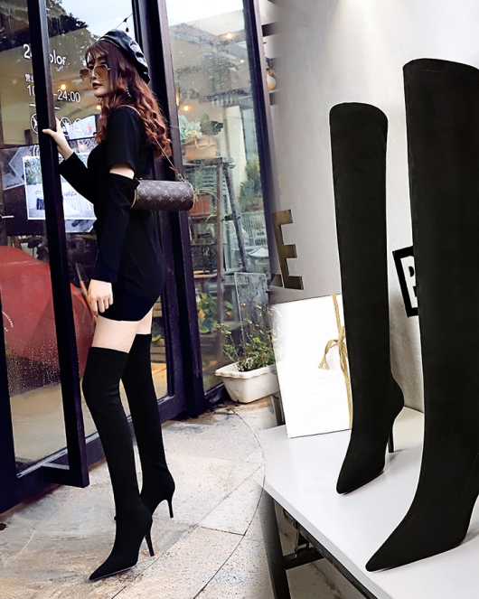 Wind and simple winter boots wine glass heel high -heeled pointed fluffy face sexy and thin -knee boots