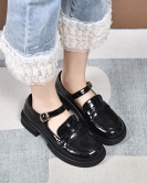 Women's shoes spring and summer fashion retro single toe layer beef patent leather round head flat bottom single buckle doll shoes