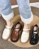 Women's shoes spring and summer fashion retro single toe layer beef patent leather round head flat bottom single buckle doll shoes