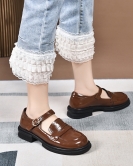 Women's shoes spring and summer fashion retro single toe layer beef patent leather round head flat bottom single buckle doll shoes