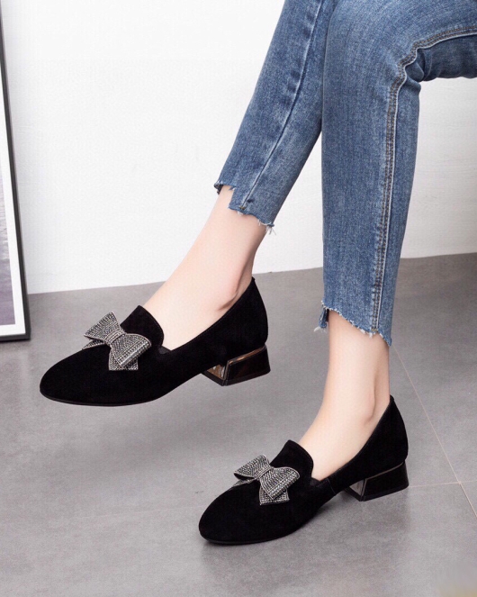 Single shoe women's spring black sheepskin low heel bow women's shoes low -help one pedal shoes