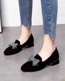 Single shoe women's spring black sheepskin low heel bow women's shoes low -help one pedal shoes