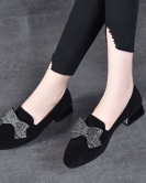 Single shoe women's spring black sheepskin low heel bow women's shoes low -help one pedal shoes