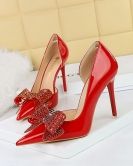 Wind banquet High -heeled shoe fine heel shallow mouth pointed pointed pointed rhinestone bowls single shoes