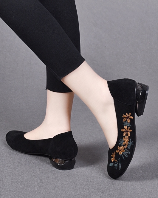 Round -headed light -mouth single shoe women's spring and summer national wind embroidery flower flat shoes sheepskin retro women's shoes