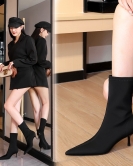 Fashionable, simple, high -heeled shallow pointed pointed elastic Laika slim feet women's boots short boots