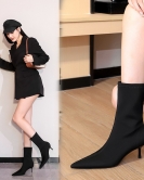 Fashionable, simple, high -heeled shallow pointed pointed elastic Laika slim feet women's boots short boots