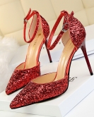 Wind and high heel shallow mouth sharp -headed hollow sequin sexy nightclub is thin and words with female sandals