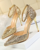 Wind and high heel shallow mouth sharp -headed hollow sequin sexy nightclub is thin and words with female sandals