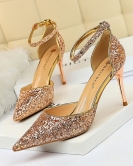 Wind and high heel shallow mouth sharp -headed hollow sequin sexy nightclub is thin and words with female sandals