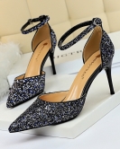 Wind and high heel shallow mouth sharp -headed hollow sequin sexy nightclub is thin and words with female sandals