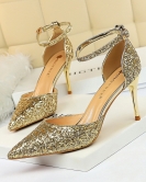 Wind and high heel shallow mouth sharp -headed hollow sequin sexy nightclub is thin and words with female sandals