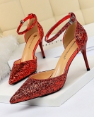 Wind and high heel shallow mouth sharp -headed hollow sequin sexy nightclub is thin and words with female sandals