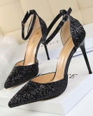 Wind and high heel shallow mouth sharp -headed hollow sequin sexy nightclub is thin and words with female sandals