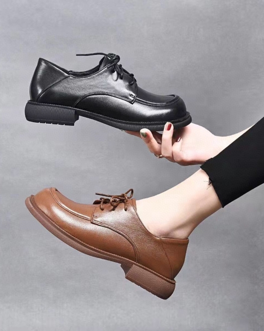 Women's single shoes British style flat leather shoes spring season round head layer cowhide lace comfortable low -top shoes