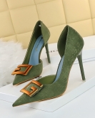 Wind and fashionable feet are thin, fine heel high -heeled, high -heeled side hollow metal buckle decorative women's single shoes