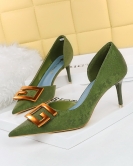 Wind and fashionable feet are thin, fine heel high -heeled, high -heeled side hollow metal buckle decorative women's single shoes