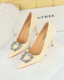 Fashion women's shoes ultra -high heels, shallow mouth pointed metal rhinestone buckle single shoes women's high heels