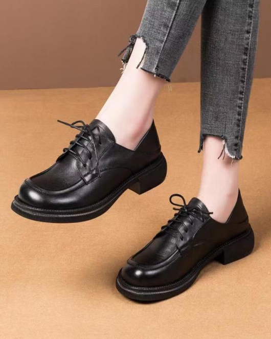 Single shoe women's spring round head flat women's toe -toe layer cowhide women's shoes one shoe two wears lazy shoes