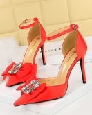 Hall of time high -heeled shoe pointed silk satin rhinestone bow bowing with a sandals with sandals high heel women's shoes