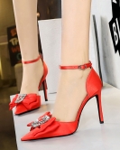 Hall of time high -heeled shoe pointed silk satin rhinestone bow bowing with a sandals with sandals high heel women's shoes