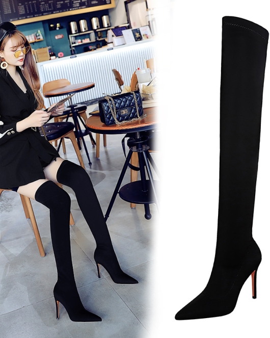 Fashionable high -heeled elastic Laika thin heel sexy nightclub show thin and knee boots