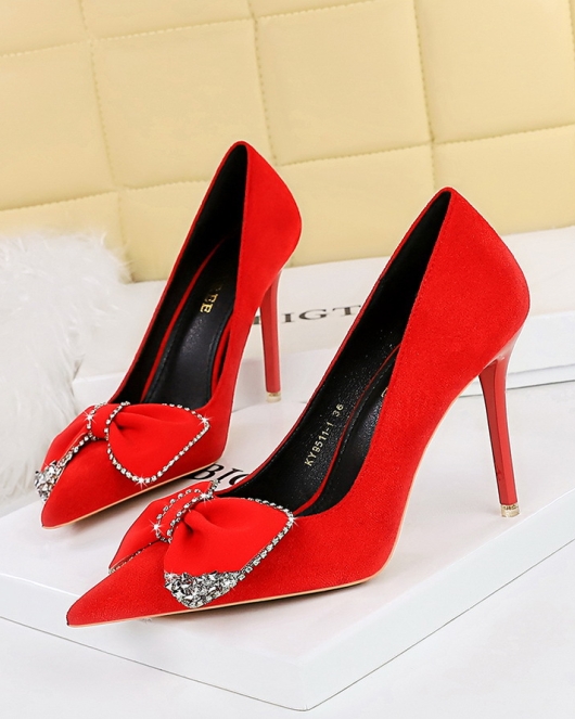 Light luxury banquet High -heeled shoe fine heels, shallow mouth pointed rhinestone bow super high heels single shoes female