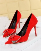 Light luxury banquet High -heeled shoe fine heels, shallow mouth pointed rhinestone bow super high heels single shoes female