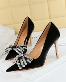 Banquet high -heeled shoe wind heel ultra -high heel pointed -headed satin rhinestone bowls single shoes