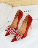 Banquet high -heeled shoe wind heel ultra -high heel pointed -headed satin rhinestone bowls single shoes