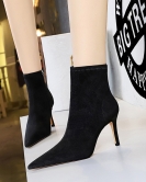 Simple and sexy thin banquet Women's boots thin heel pointed pointed black denim cloth surface short boots