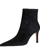 Simple and sexy thin banquet Women's boots thin heel pointed pointed black denim cloth surface short boots